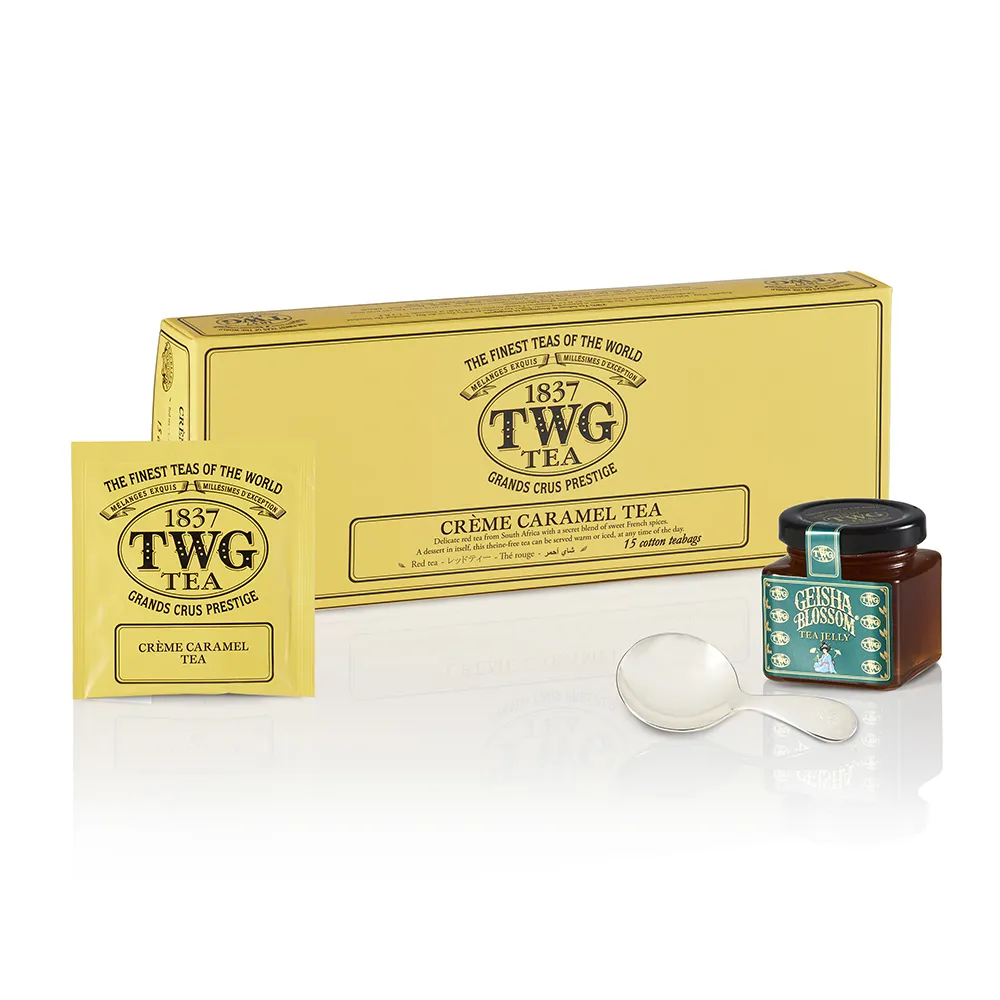 【TWG Tea】焦糖南非國寶茶茗茶禮物組(手工純棉茶包 15包/盒+果醬+計量銀匙)