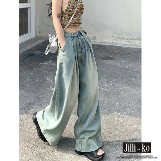 【JILLI-KO】中大尺碼復古垂感遮肉顯瘦拖地喇叭牛仔褲-M/L/XL(淺藍)