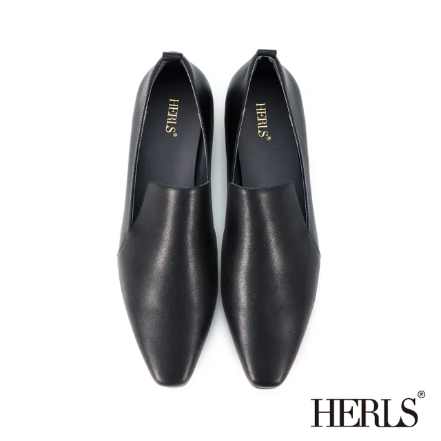 【HERLS】樂福鞋-全真皮素面小方頭低跟樂福鞋(黑色)