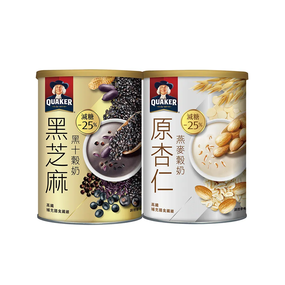 【QUAKER 桂格】黑白穀奶系列390g任選3罐(黑芝麻黑十穀奶/原杏仁燕麥穀奶)