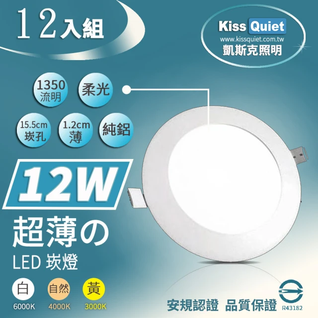 【KISS QUIET】超薄 12W LED崁燈 15.5cm開孔- 12入(崁燈 吸頂燈 嵌燈 燈泡 軌道燈 面板管)