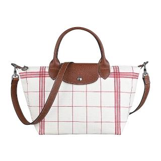 【LONGCHAMP】LONGCHAMP Le Pliage Torchon浮雕奔馬LOGO帆布紅條紋拉鍊式手提/斜背包(小/白x紅條紋)