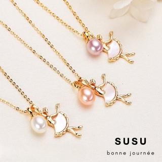【SU SU】芭蕾舞淡水珍珠項鍊(925 純銀 鈦鋼 低敏 水晶 珍珠 飾品 耳環 項鍊 手鍊 優雅 約會 好運)