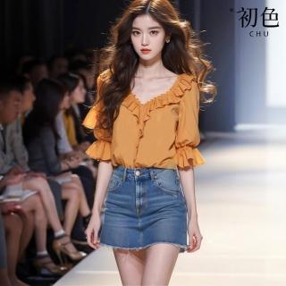 【初色】純色休閒荷葉邊V領五分袖泡泡袖襯衫女上衣-橙色-34403(M-2XL可選)