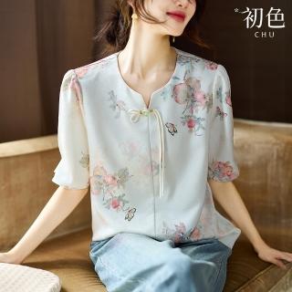 【初色】復古印花新中式半開領盤扣短袖泡泡袖襯衫上衣女上衣-白色-34421(M-2XL可選)