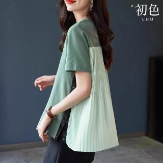 【初色】純色寬鬆拼接圓領短袖T恤上衣女上衣-綠色-34422(M-2XL可選)