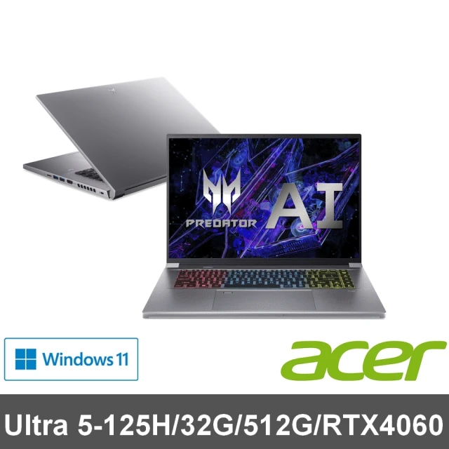 ACER 宏碁Acer 宏碁 16吋Ultra5 RTX4060 AI電競筆電(Predator/PTN16-51-58KT/Ultra5-125H/32G/512G/RTX4060/W11)