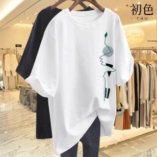 【初色】清新簡約印花圓領寬鬆顯瘦短袖T恤上衣女上衣-共5色-33580(M-2XL可選)