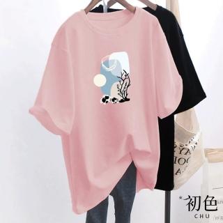 【初色】寬鬆休閒落肩圓領短袖印花T恤上衣女上衣-共3色-33587(M-2XL可選)