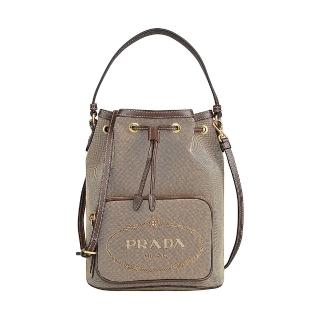 【PRADA 普拉達】PRADA Duet刺繡LOGO牛皮滾邊束口緹花帆布手提斜背水桶包(棕x深褐)