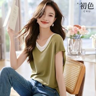 【初色】拼接撞色米白V領寬鬆短袖假兩件T恤上衣女上衣-綠色-33456(M-2XL可選)
