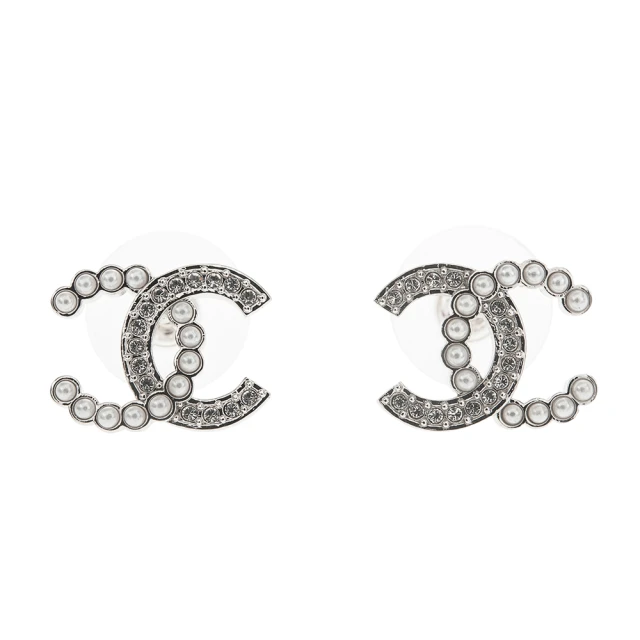 CHANEL 香奈兒 經典水鑽仿珠雙C LOGO小款穿式耳環(銀色)