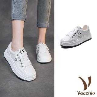 【Vecchio】真皮休閒鞋 厚底休閒鞋/全真皮可愛貓熊印花厚底休閒運動鞋(白)