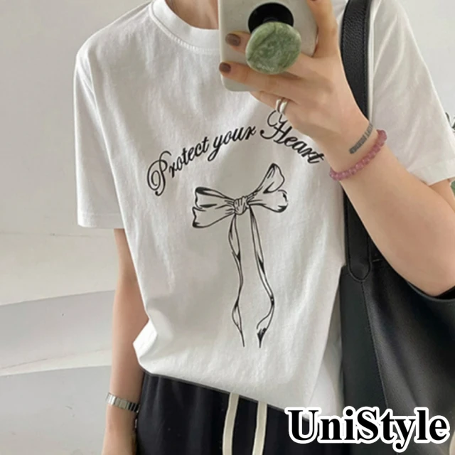 UniStyle 短袖圓領T恤 韓版蝴蝶結飄帶印花上衣 女 UP1680(白)