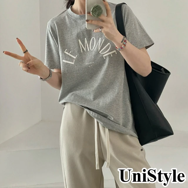 UniStyle 短袖休閒T恤 韓版LEM字母印花上衣 女 UP1632(花灰)