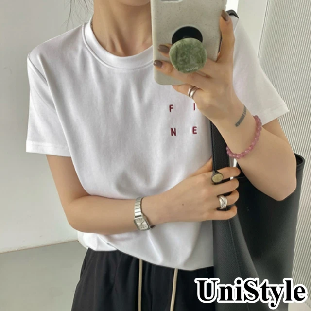 【UniStyle】短袖圓領T恤 韓版FINE字母刺繡上衣 女 UP1654(白)