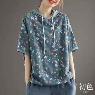 【初色】復古碎花印花寬鬆顯瘦抽繩連帽短袖T恤上衣-共2色-33788(M-2XL可選)