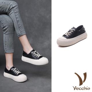 【Vecchio】真皮休閒鞋 厚底休閒鞋/全真皮頭層牛皮兩穿法設計經典厚底休閒鞋 餅乾鞋(黑)