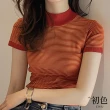 【初色】半高領貼身顯瘦簡約百搭條紋針織短袖T恤上衣女上衣-橘紅色-33832(F可選)