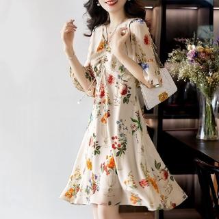 【LANNI 藍尼】★五分喇叭袖大花滿版洋裝(女裝/洋裝/連身裙/長版上衣/休閒/氣質)