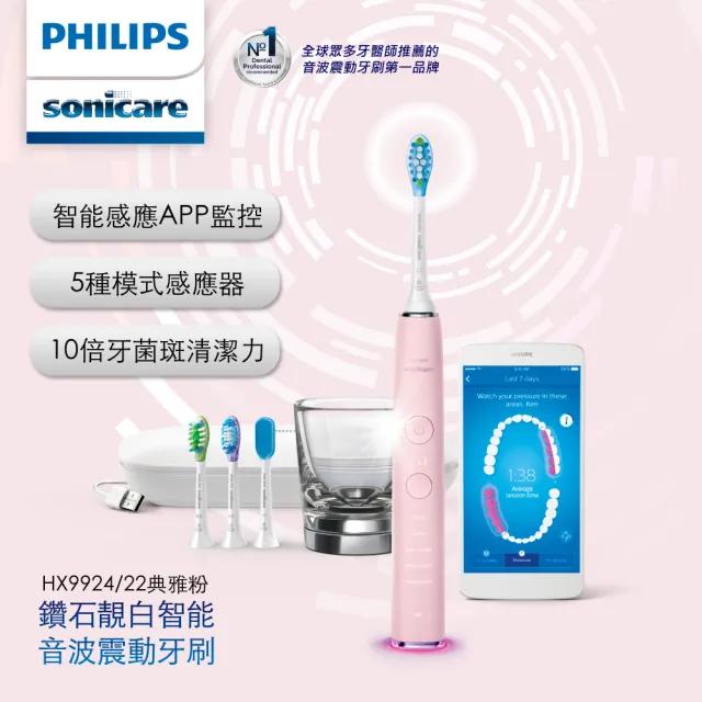 【Philips 飛利浦】Sonicare  鑽白極淨智能鑽石音波震動牙刷/電動牙刷-典雅粉HX9924/22