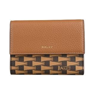 【BALLY】Pennant金字燙印LOGO三角旗圖案印花牛皮翻蓋塗層皮革三折中夾(棕x褐)