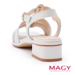 【MAGY】Ｔ字真皮簍空編織粗跟涼鞋(白色)