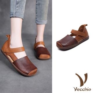 【Vecchio】真皮涼鞋 包頭涼鞋 平底涼鞋/真皮頭層牛皮復古方頭魔鬼粘拼接撞色包頭平底涼鞋(棕)