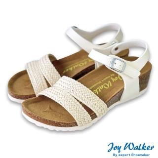 【Joy Walker】雙帶編織 楔型 軟木涼鞋 米色 女 圓頭 素面厚底 合成皮革 繞踝 休閒舒適 柔軟鞋墊 1470P