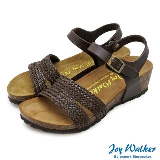 【Joy Walker】雙帶編織 楔型 露趾 軟木涼鞋 深棕色 女 素面厚底 合成皮革 繞踝 休閒舒適 柔軟鞋墊 1470P