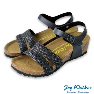 【Joy Walker】雙帶編織 楔型 軟木涼鞋 黑色 女 圓頭 素面厚底 合成皮革 繞踝 休閒舒適 柔軟鞋墊 1470P
