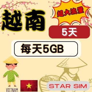 【星光卡 STAR SIM】越南上網絡卡5天 每天5GB超大高速流量(旅遊上網絡卡 越南 網絡卡 越南網路)