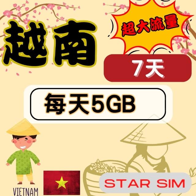 【星光卡  STAR SIM】越南上網卡7天 每天5GB超大高速流量(旅遊上網卡 越南 網卡 越南網路)