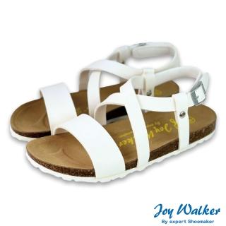 【Joy Walker】一字交叉 露趾 軟木涼鞋 白色 女 素面平底 合成皮革 繞踝 休閒舒適 柔軟鞋墊 夏季 1516P