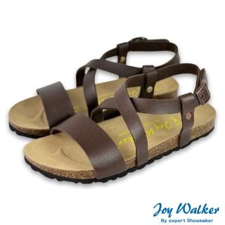 【Joy Walker】一字交叉 圓頭 露趾 軟木涼鞋 深棕色 女 素面平底 合成皮革 繞踝 休閒舒適 柔軟鞋墊 1516P