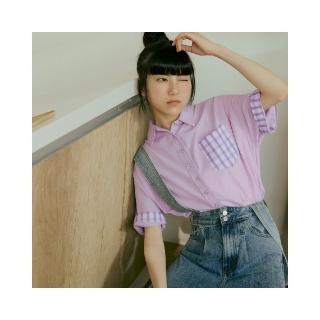 【OB 嚴選】純棉翻領拼接格紋造型鈕扣開襟上衣 《AB19354》