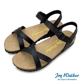 【Joy Walker】交叉細帶 露趾 軟木涼鞋 黑色 女 素面平底 合成皮革 繞踝 休閒舒適 柔軟鞋墊 夏季 1547P