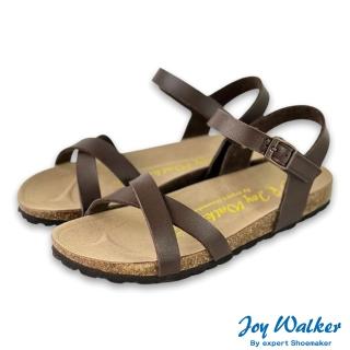 【Joy Walker】交叉細帶 圓頭 露趾 軟木涼鞋 深棕色 女 素面平底 合成皮革 繞踝 休閒舒適 柔軟鞋墊 1547P
