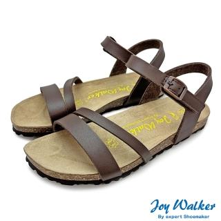 【Joy Walker】一字雙帶方頭 露趾軟木涼鞋 深棕色 女 素面平底 合成皮革 繞踝 休閒舒適柔軟鞋墊 夏季 315P