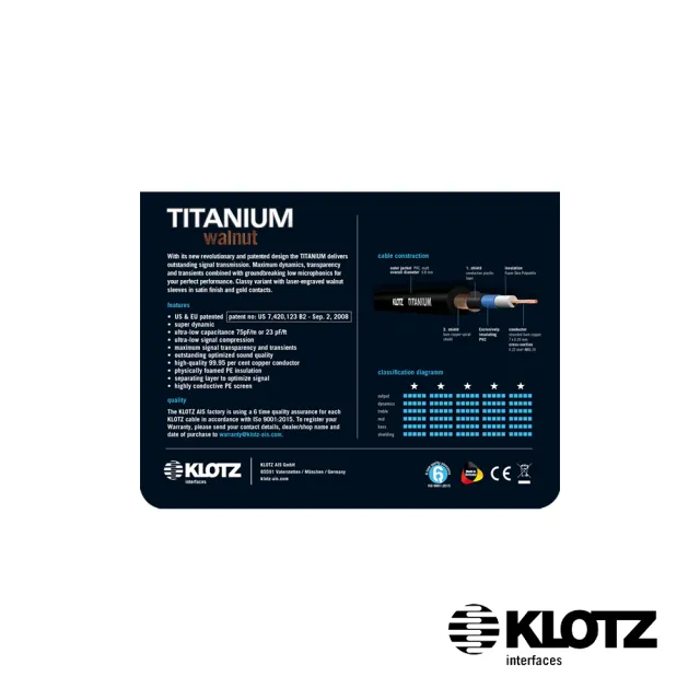 【KLOTZ】TITANIUM 吉他導線 3米 核桃木 6.3mm-L頭(公司貨)