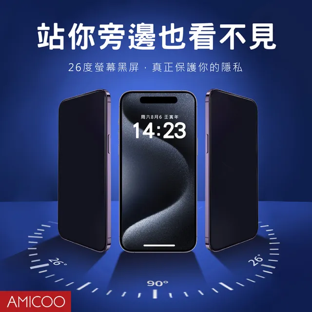 【AMICOO】iPhone 15/14/13/12/11/XR/Pro Max/Plus 五倍強化 26度防偷窺 滿版玻璃保護貼(2入組-送貼膜神器)