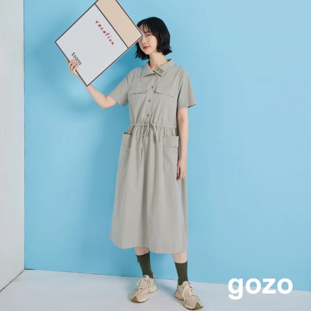 【gozo】刺繡翻領抽繩工裝洋裝(兩色)