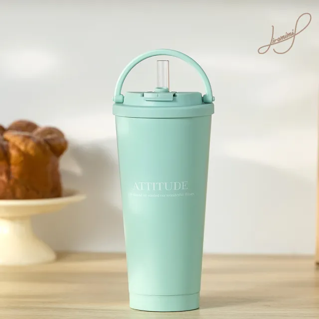 【Hiromimi】手提內瓷不鏽鋼吸管杯750ml(4色可選/保溫保冰/附粗細吸管各一)