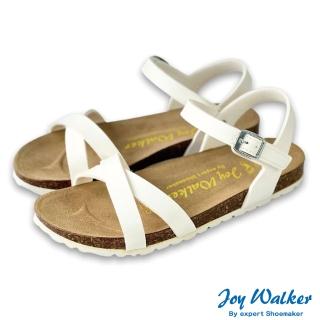 【Joy Walker】交叉細帶 露趾 軟木涼鞋 白色 女 素面平底 合成皮革 繞踝 休閒舒適 柔軟鞋墊 夏季 1547P
