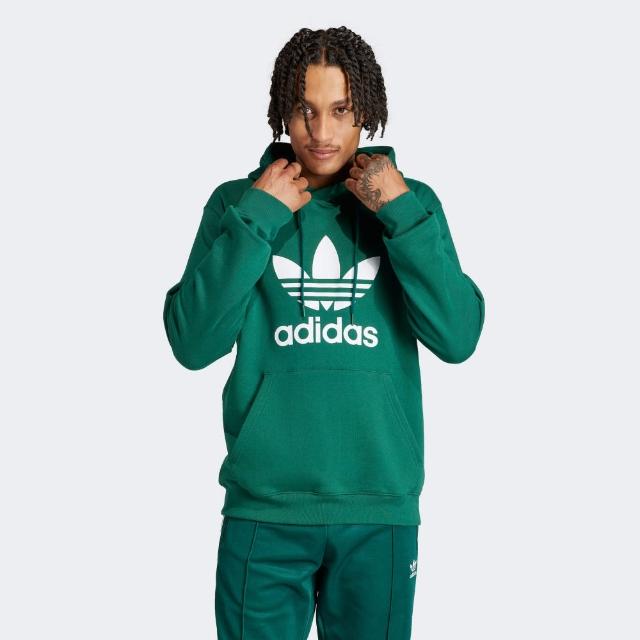 【adidas 愛迪達】上衣 男款 長袖上衣 帽T 運動 三葉草 國際碼 TREFOIL HOODY 綠 IM9407