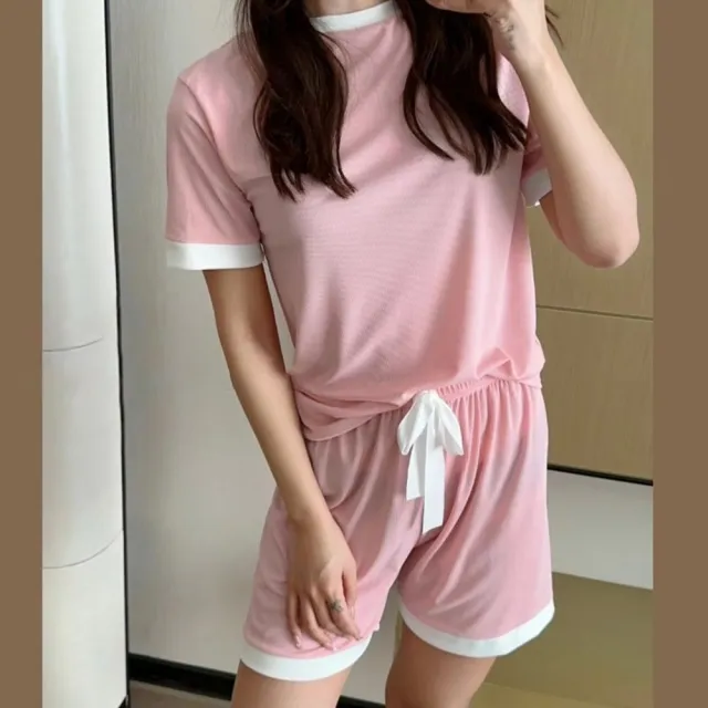 【D.studio】韓版撞色冰絲寬鬆休閒套裝(短袖上衣+短褲女裝衣服寬鬆上衣 褲子 運動短褲休閒短褲睡衣 S301)