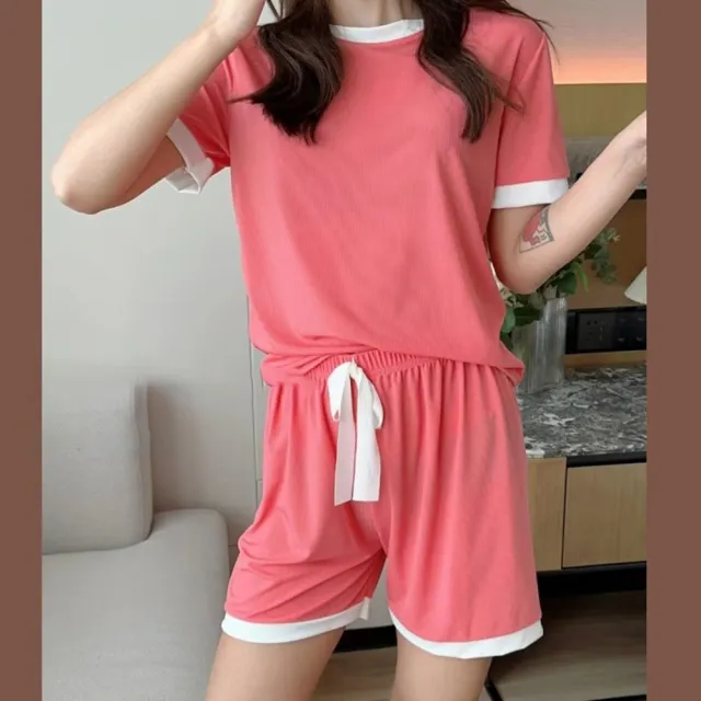 【D.studio】韓版撞色冰絲寬鬆休閒套裝(短袖上衣+短褲女裝衣服寬鬆上衣 褲子 運動短褲休閒短褲睡衣 S301)