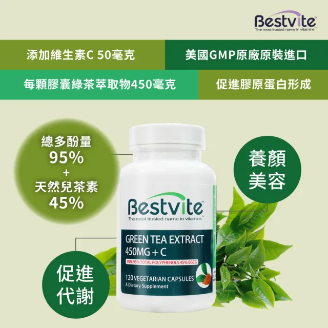 【美國BestVite】必賜力綠茶萃取+維生素C膠囊2瓶組(120顆*2瓶)