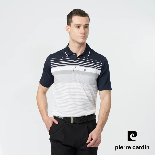 pierre cardin 皮爾卡登 商務休閒 男款 TOP定位橫條短袖POLO衫-深藍色(5247299-38)