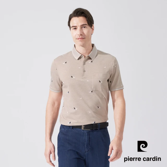 pierre cardin 皮爾卡登 商務休閒 男款 雙色交織馬印花短袖polo衫-卡其色(5237273-84)